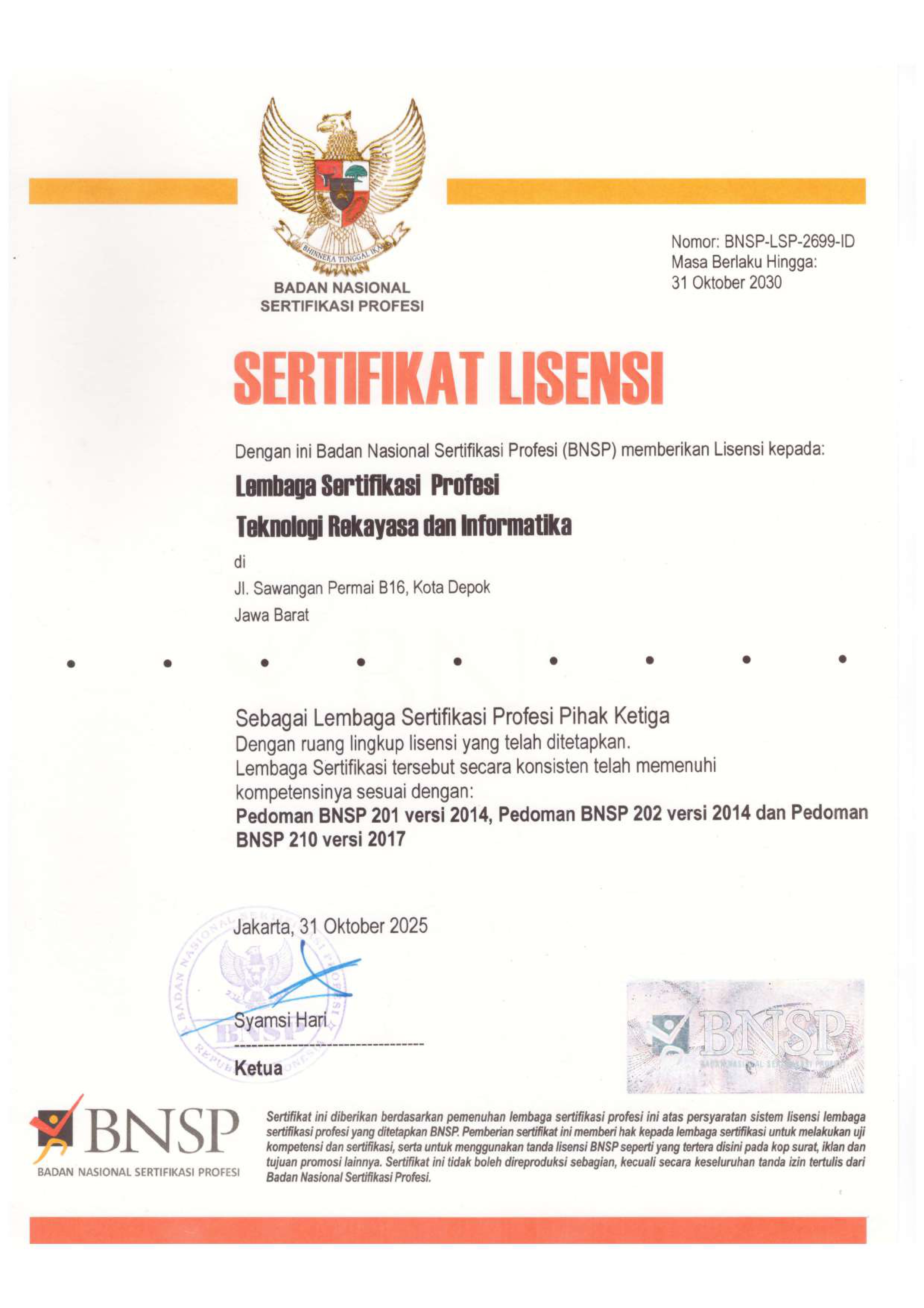 Sertifikat Lisensi BNSP